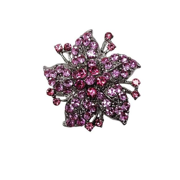 Vintage Floral Flower Brooch Pin Pendant Pink Purple Rhinestone Silver Tone - Picture 7 of 7